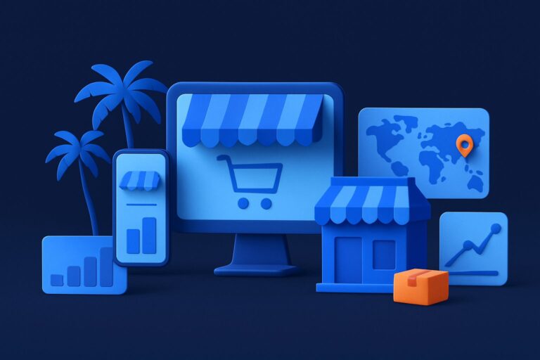 Illustration of a computer, smartphone, storefront, globe, graphs, and palm trees on a dark background