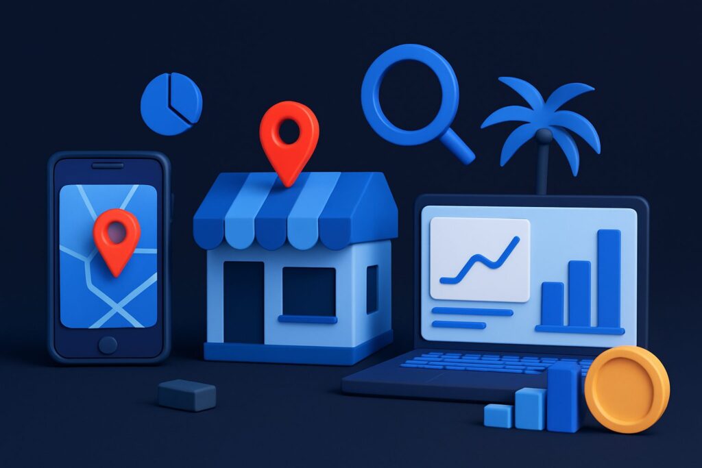 Illustration of a smartphone with a map, a shop with a location pin, a laptop showing graphs, and a palm tree