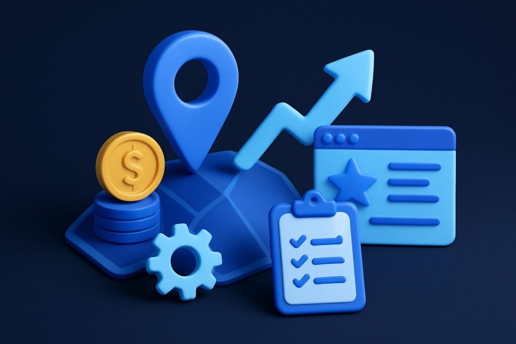 Illustration of blue icons including a location pin, coins, a chart, a web page, a gear, and a checklist