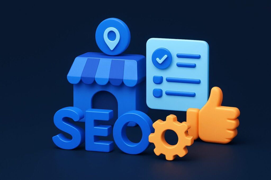 Illustration of a blue store icon, SEO text, a checklist, a gear, and a thumbs up on a dark background