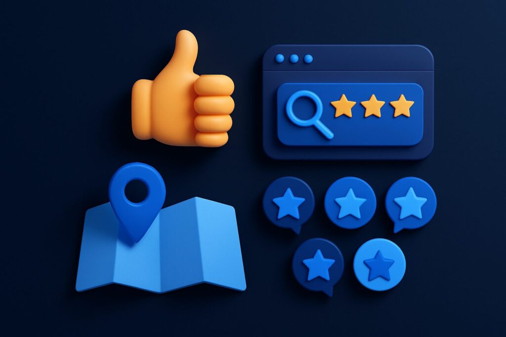 Illustration of a thumbs up, a map marker, a search bar with stars, and several star icons on a dark background