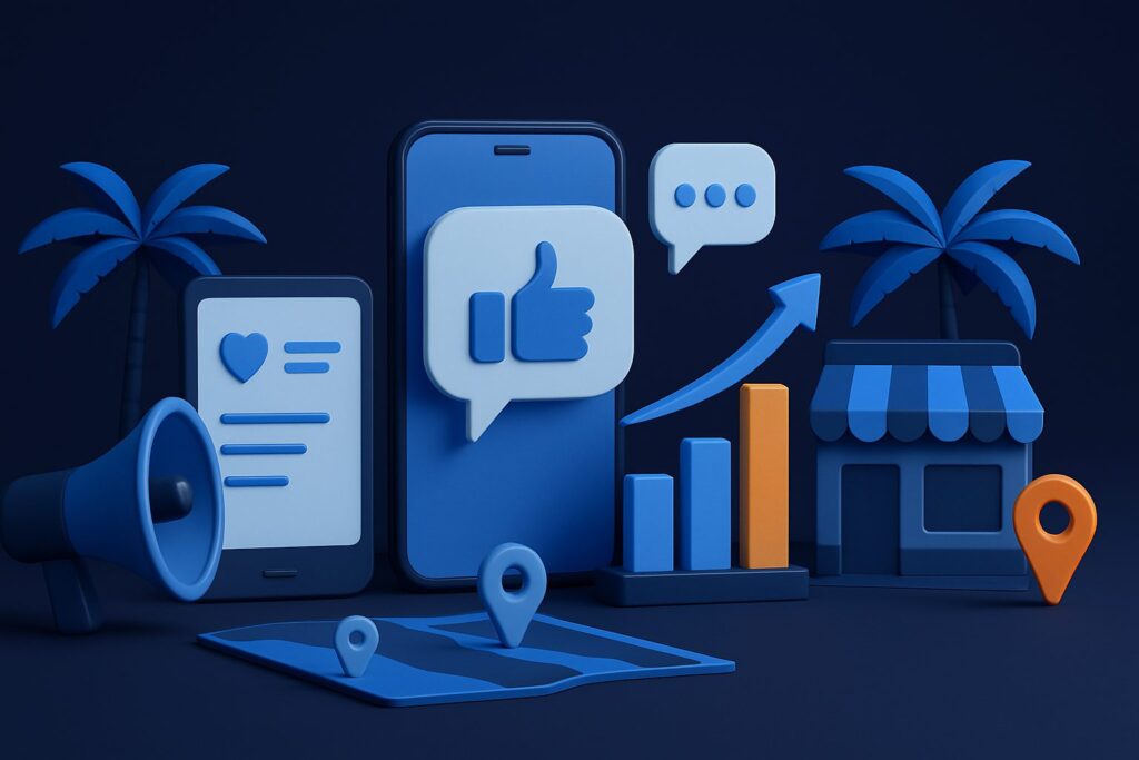 Illustration of mobile devices, chat bubbles, graphs, a store, location pins, and palm trees in blue tones