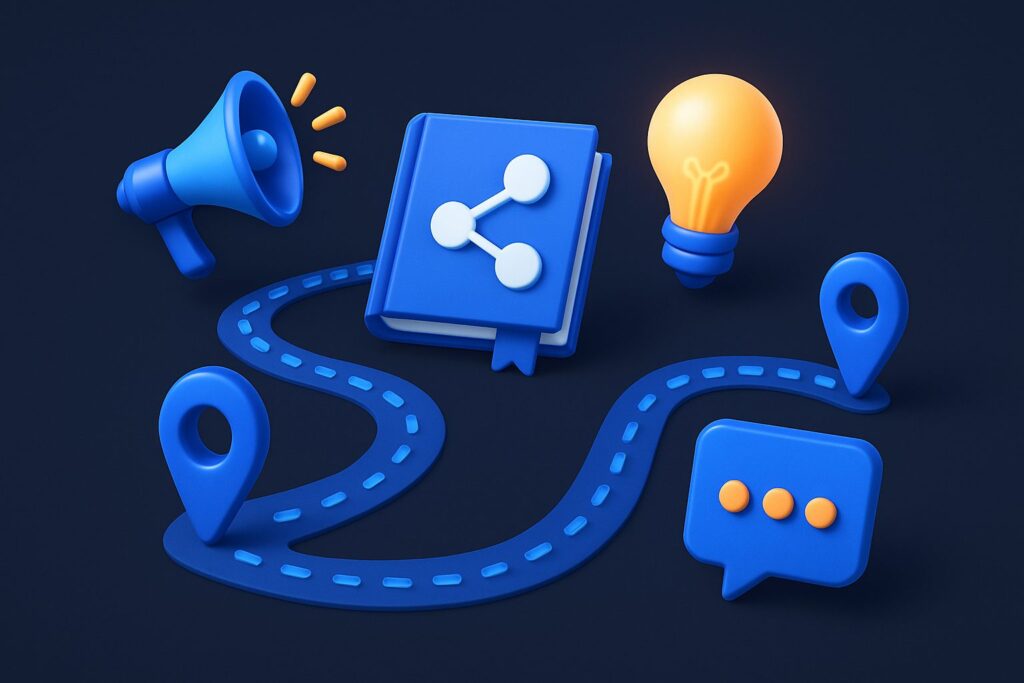 Illustration of a book with icons of a light bulb, megaphone, chat bubble, and location markers on a path