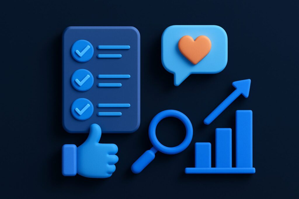 Illustration of a checklist, thumbs up, magnifying glass, heart icon, and rising chart against a dark background