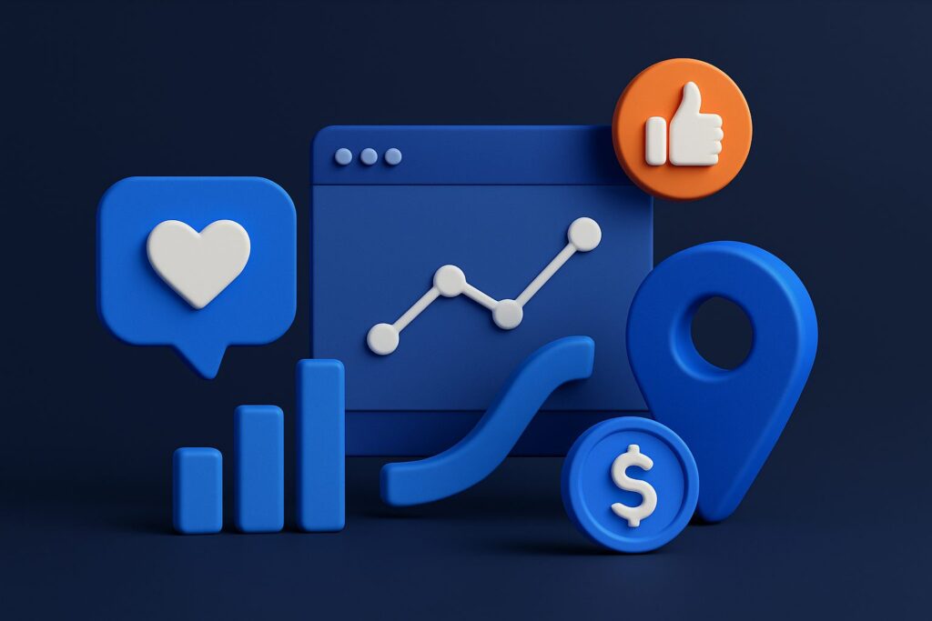 Illustration of social media icons, a graph, and a dollar sign on a dark background