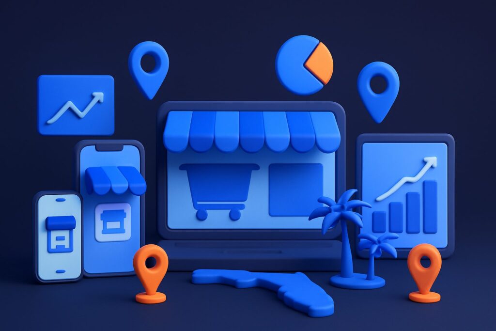 Illustration of a laptop, phones, charts, location pins, palm trees, and the outline of Florida on a dark background
