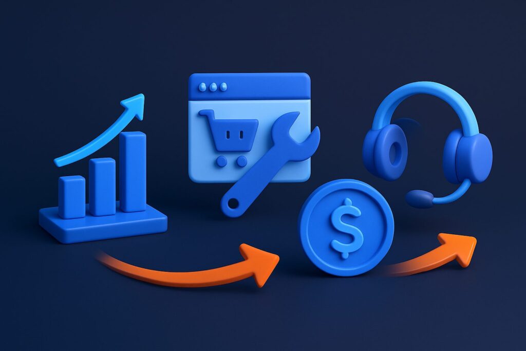 Illustration of blue icons representing growth, ecommerce, support tools, and a dollar sign on a dark background