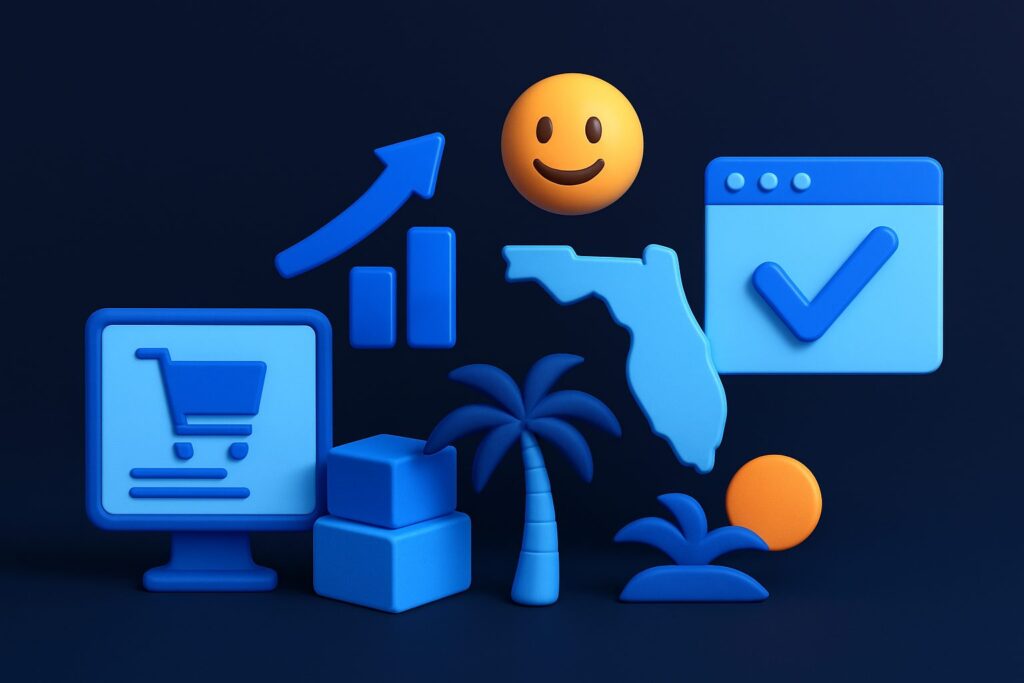 Illustration of a computer screen, shopping cart icon, Florida map, smiley face, palm tree, and growth chart elements