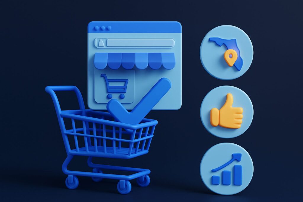 Illustration of a blue shopping cart with a checkmark beside an online store icon and three round icons