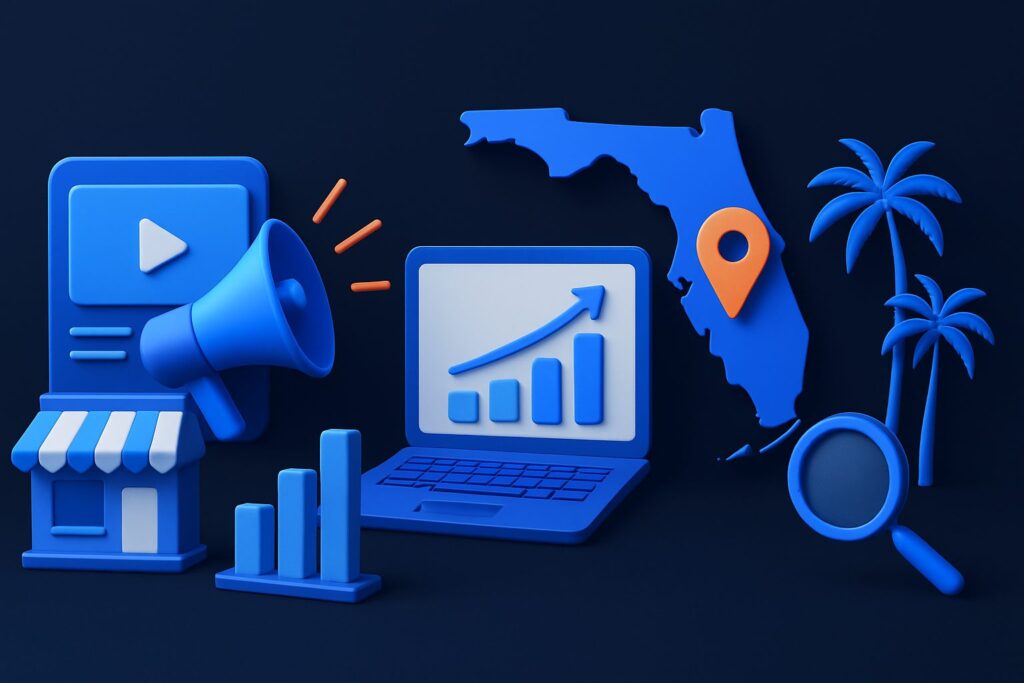Illustration of a Florida map, a laptop with graphs, a store icon, a megaphone, and palm trees on a dark background