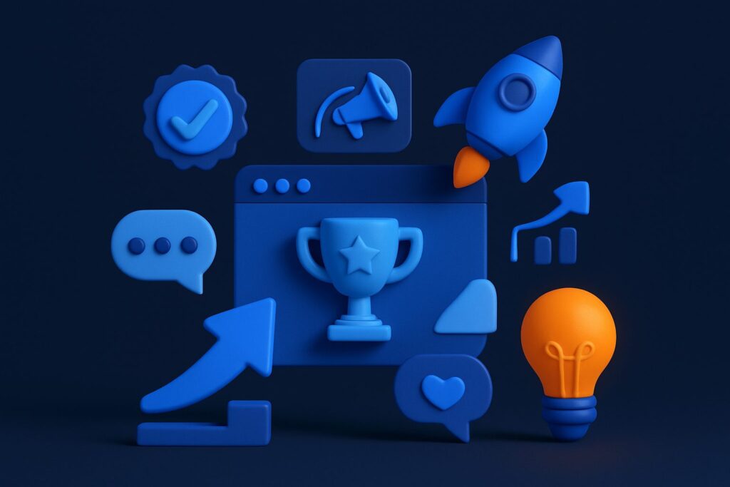 Illustration of blue digital marketing icons including a trophy, rocket, light bulb, and chat bubbles