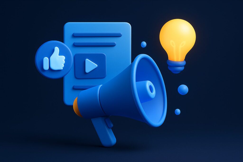 Illustration of a blue megaphone, a light bulb, and a document with a play button and thumbs-up icon