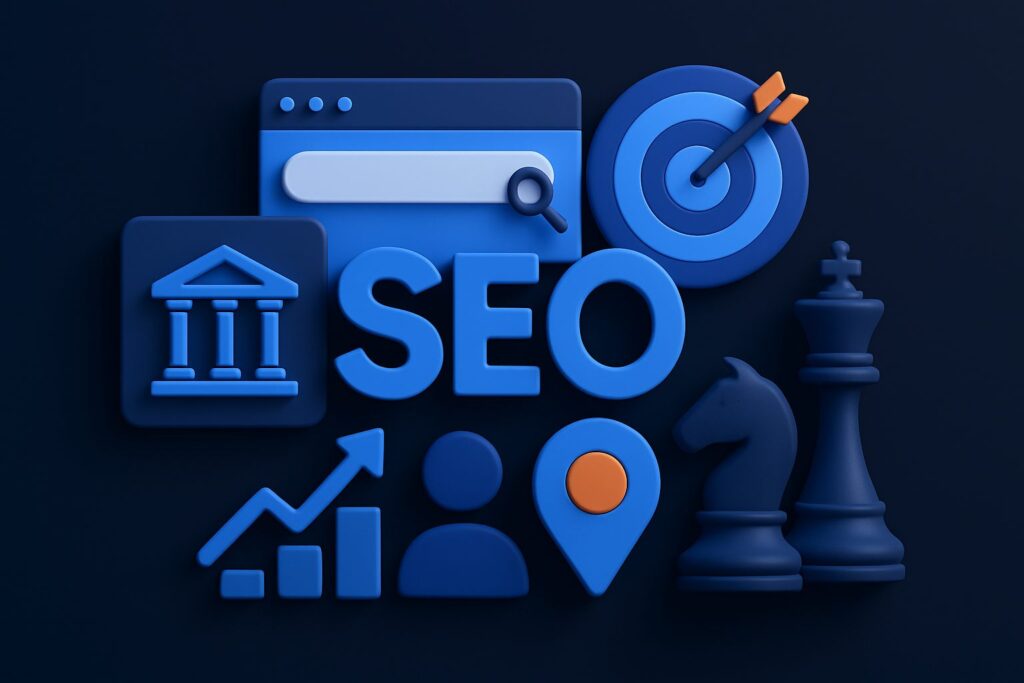 Illustration of icons representing SEO, including a search bar, target, chess pieces, and a law symbol