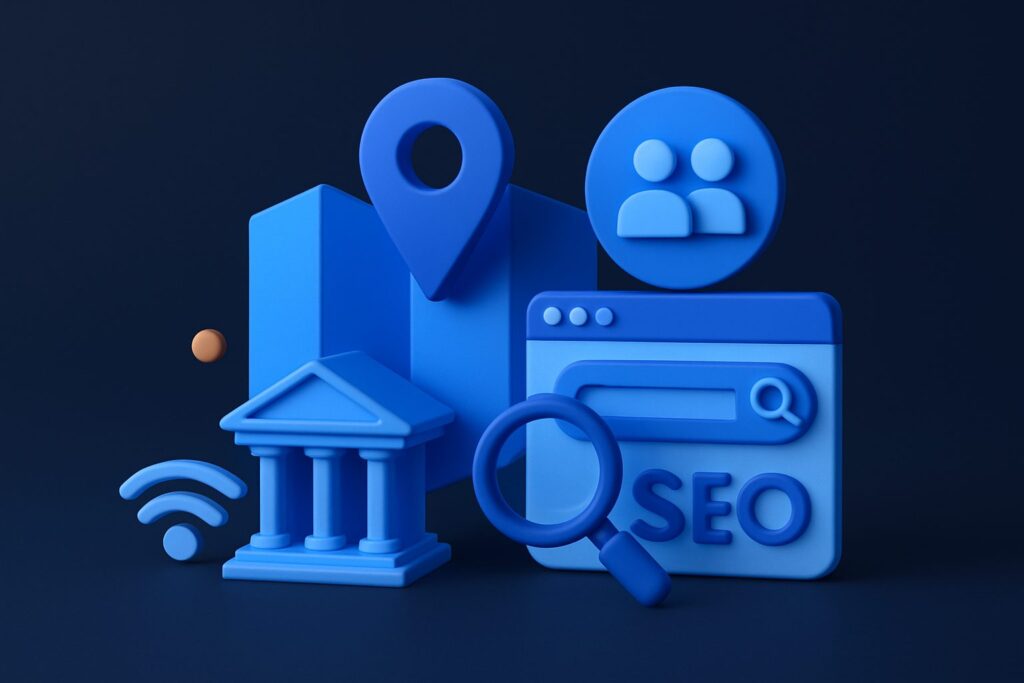 Illustration of blue 3D icons including a map, location pin, building, people, and search bar labeled SEO