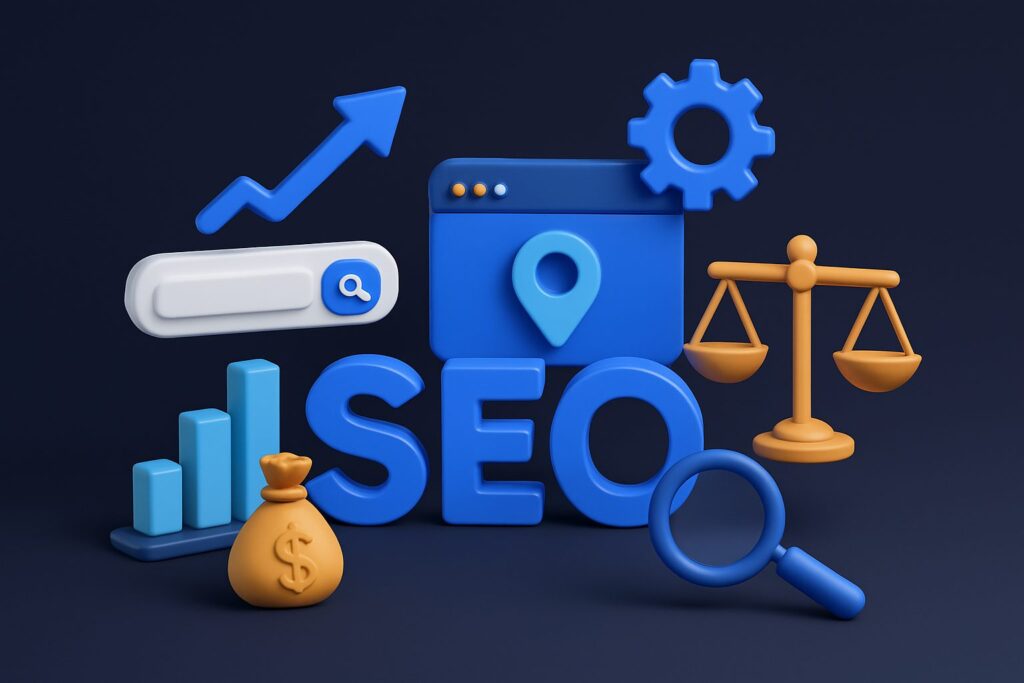 Illustration of colorful 3D icons including a search icon, scales, money bag, and SEO text on a dark background