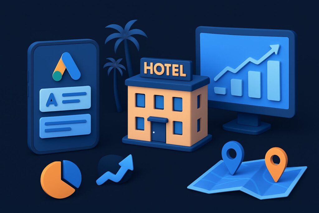 Illustration of a hotel building, smartphone, computer screen, charts, and location markers on a dark background