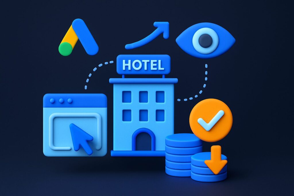 Illustration of a hotel building, browser window, ads icon, checkmark, eye, and stacks of coins