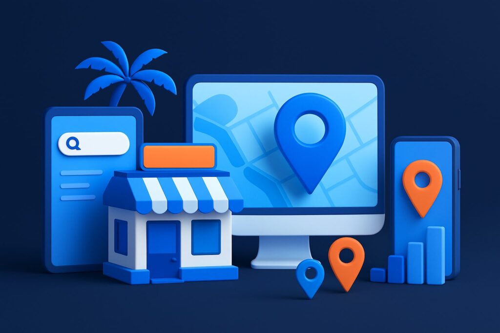 Illustration of a computer, smartphone, storefront, and location pins on a blue background with palm tree