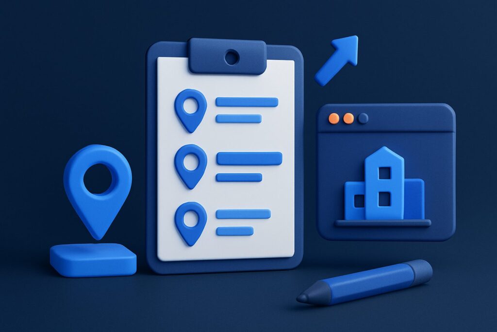 Illustration of a clipboard with location markers, a browser window, and a pencil on a dark background