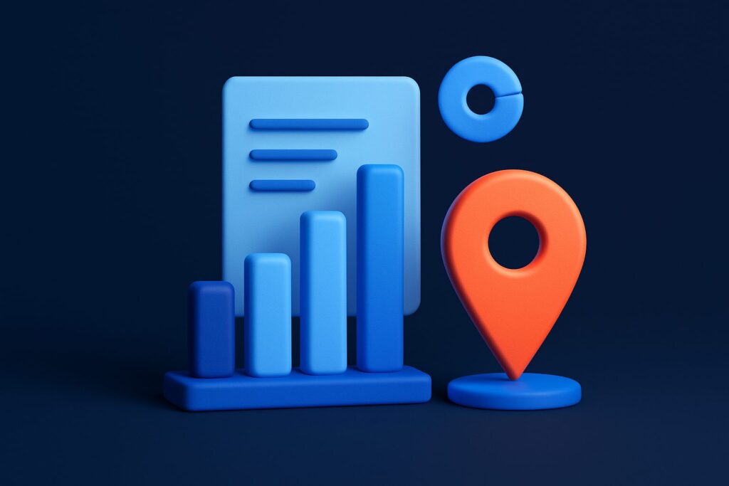 Illustration of a blue bar graph, a document with text, and an orange location pin on a dark background
