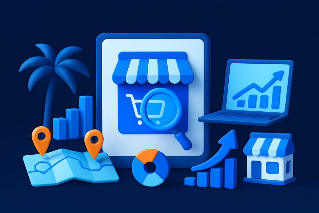 Illustration of a laptop, charts, shopping cart icon, location markers, and a storefront against a blue background