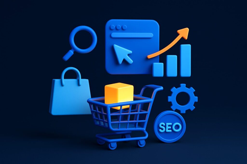 Illustration of a shopping cart with a cube, a magnifying glass, website icons, and graphs in blue and orange