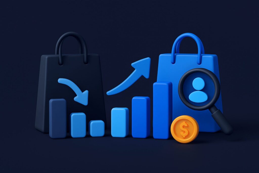 Illustration of shopping bags, upward and downward arrows, bar graphs, a magnifying glass, and a coin