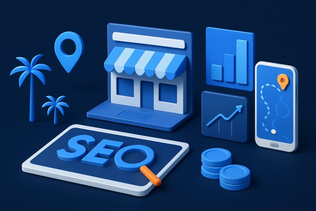 Illustration of a small storefront, graphs, coins, smartphone, location pin, and palm trees in blue tones