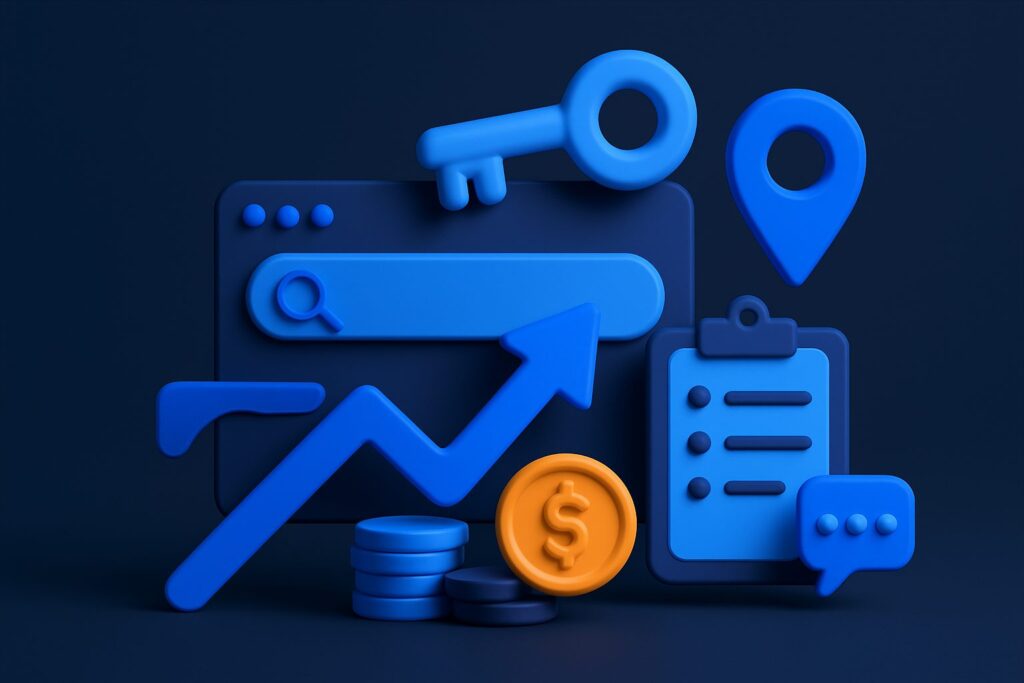 Illustration of a search bar, key, location pin, clipboard, coins, and upward arrow on a dark background