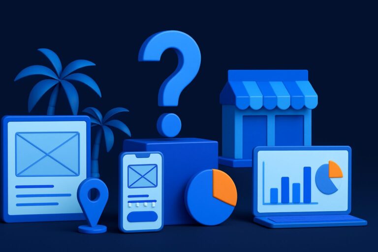 Illustration of various blue 3D icons including screens, a question mark, a shop, and palm trees