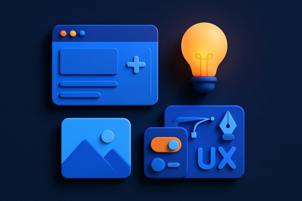 Illustration of colorful UI/UX design icons, including a browser window, image, toggle switch, and light bulb