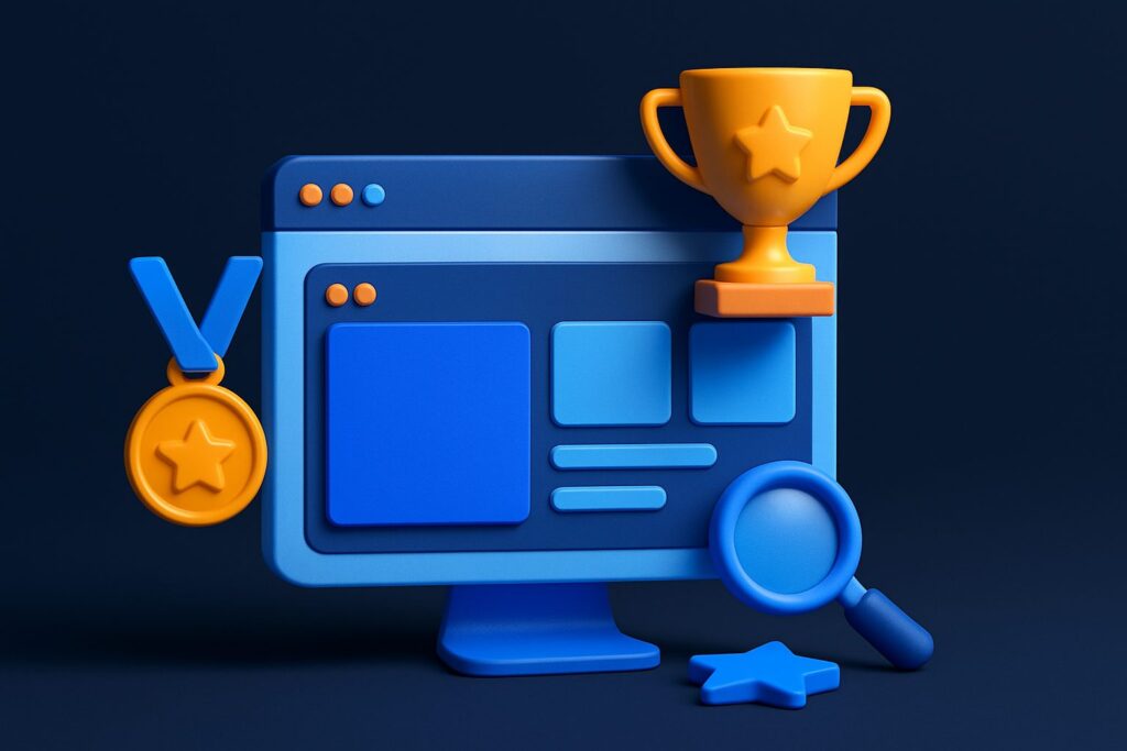 Illustration of a computer monitor with a trophy, medal, and magnifying glass on a dark background