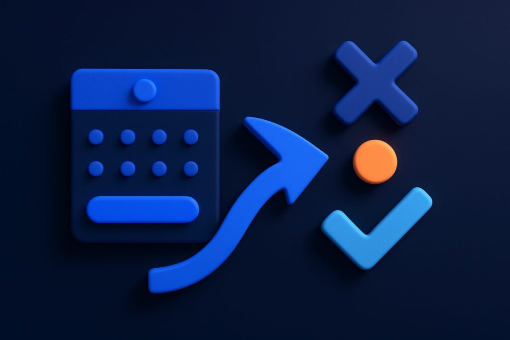 Illustration of a blue calendar, an upward arrow, and various checkmark and cross icons in vibrant colors