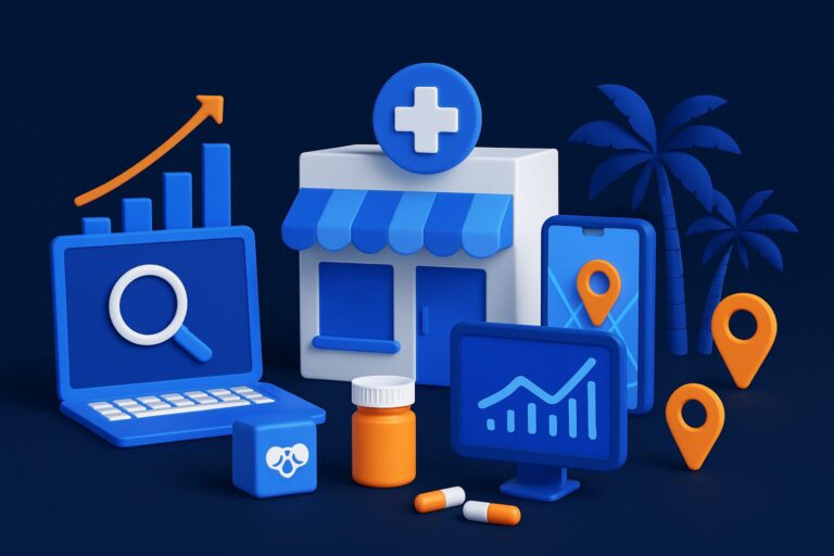 Illustration of a laptop, phone, medicine bottle, and a hospital building surrounded by icons and graphs