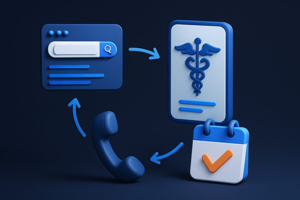 Illustration of a phone, calendar, medical symbol, and search bar connected by arrows on a dark background