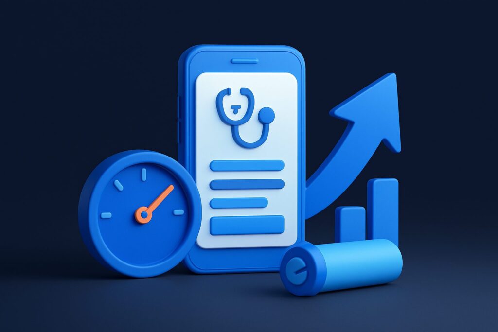 Illustration of a smartphone with a stethoscope icon, a clock, and a rising graph in blue tones