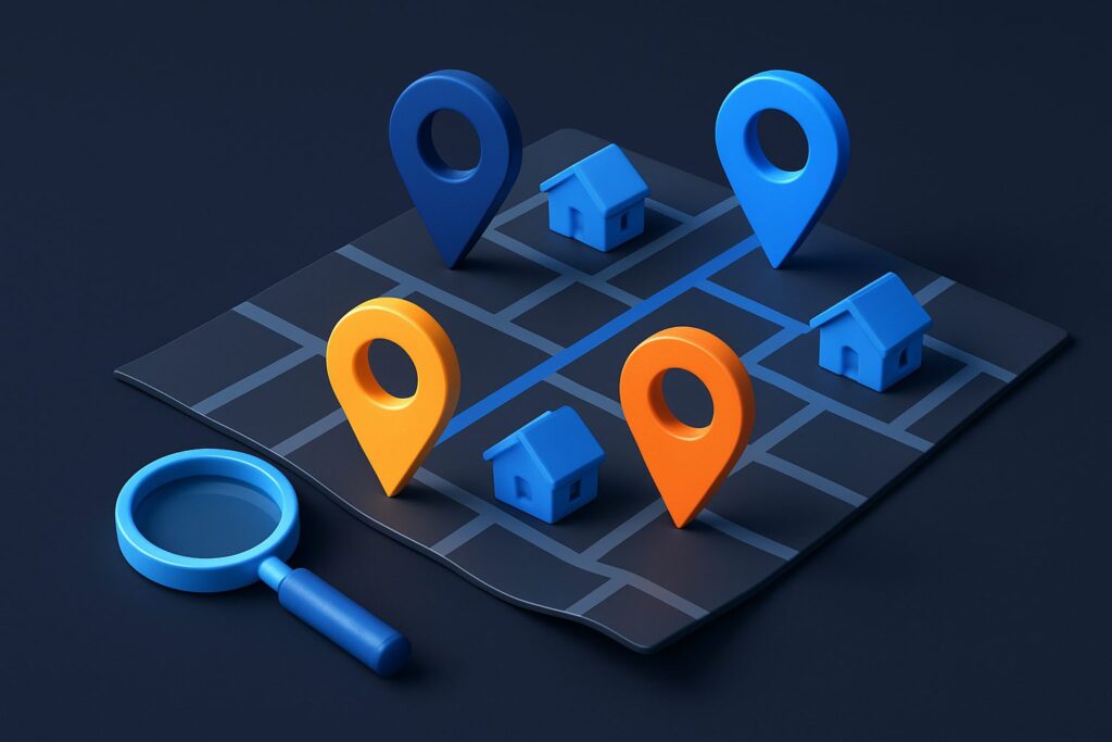 Illustration of a map with house icons and colorful location pins, alongside a magnifying glass