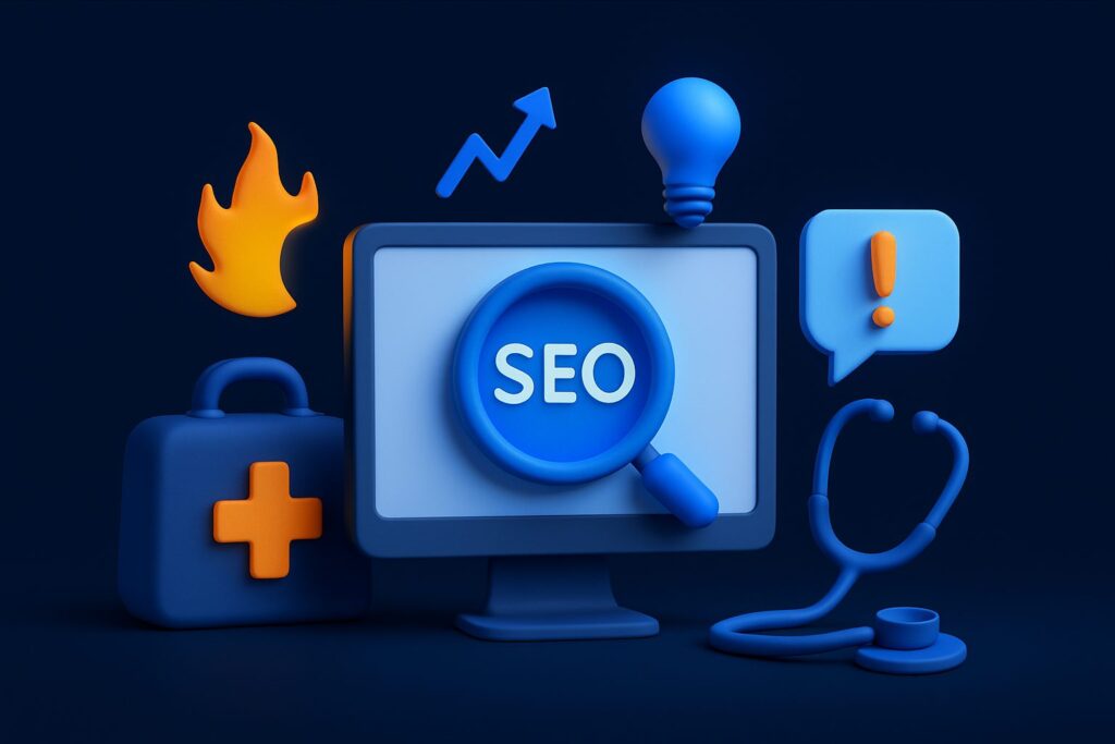 Illustration of a computer with a magnifying glass over the word SEO, surrounded by a stethoscope, a medical bag, and icons