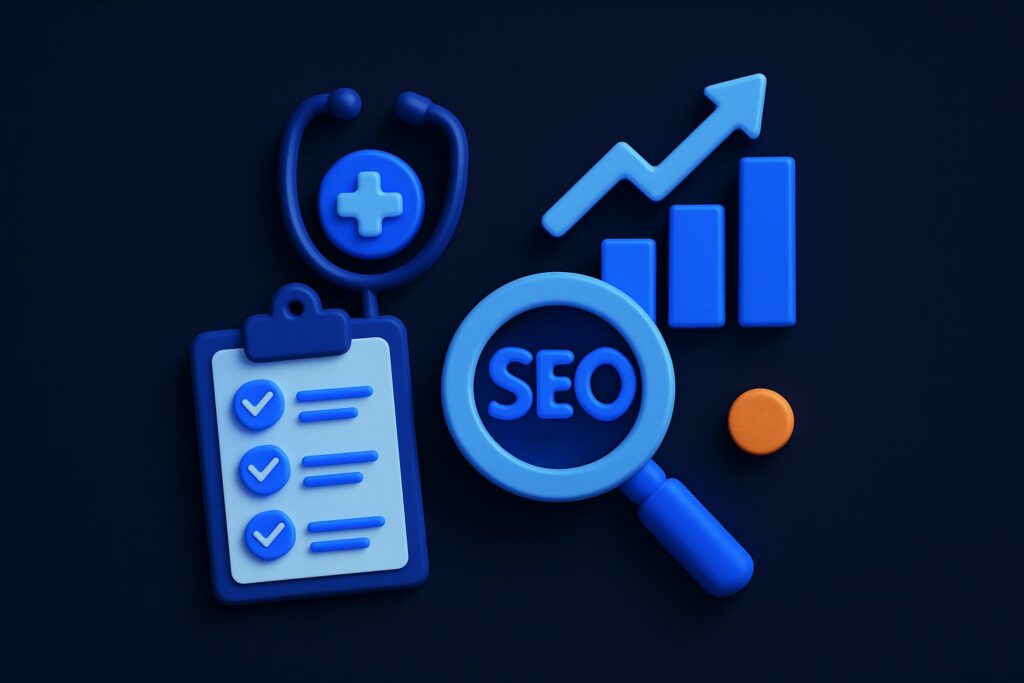 Illustration of a stethoscope, checklist, magnifying glass with "SEO," and a rising graph on a dark background