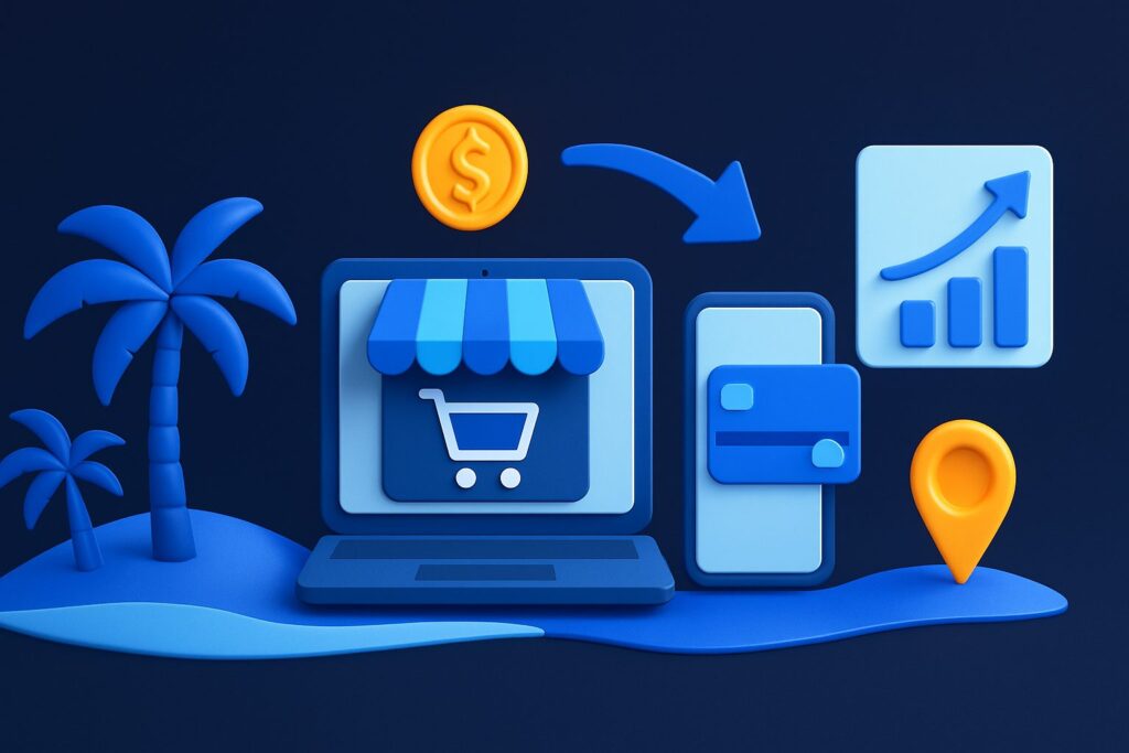 Illustration of a laptop with an online shopping cart, a smartphone with a card, palm trees, and a dollar coin