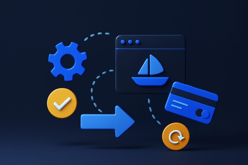 Illustration of a boat icon, payment card, gear, browser window, and checkmark with arrows between them