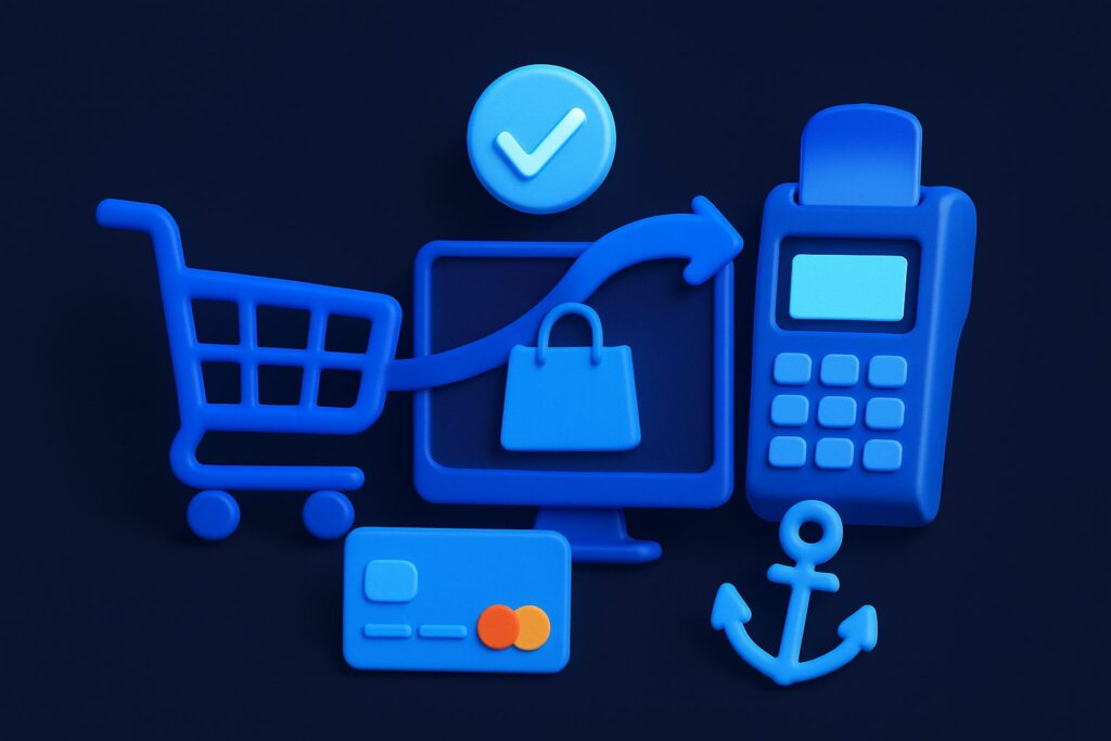 Illustration of a shopping cart, computer monitor, payment terminal, card, checkmark, bag, and anchor icon