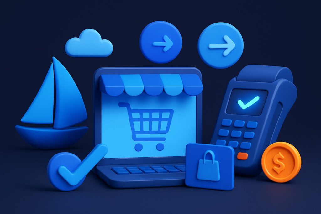 Illustration of a blue-themed scene featuring a laptop, payment terminal, sailboat, checkmarks, and icons