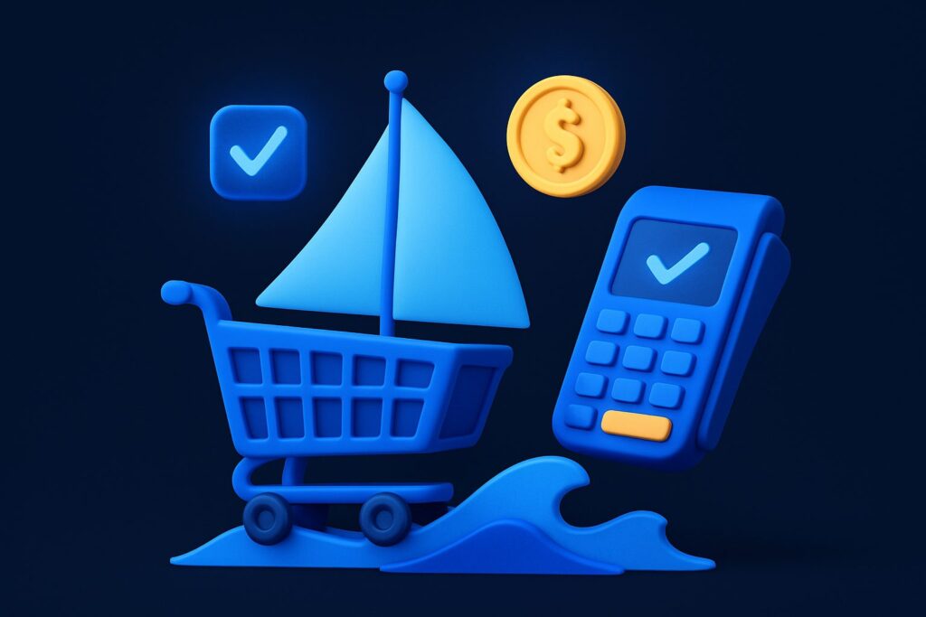 Illustration of a blue shopping cart with a sail, a calculator, a dollar coin, and waves in a dark background