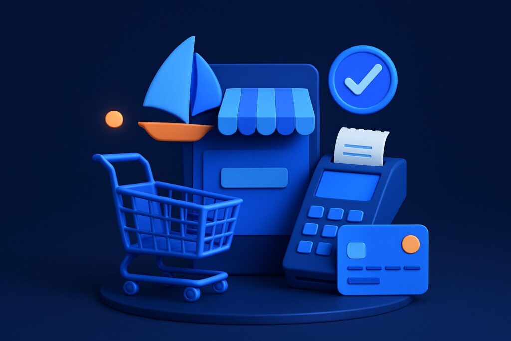 Illustration of a shopping cart, storefront, payment terminal, credit card, sailboat, and checkmark icon on blue background