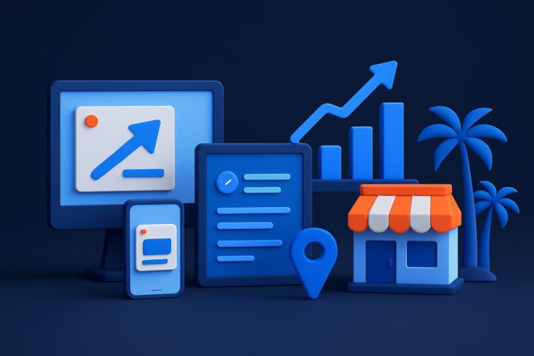 Illustration of a computer, tablet, smartphone, location pin, store, and bar graph against a dark background