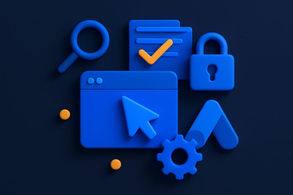 Illustration of blue and orange icons including a magnifying glass, checkmark, lock, mouse pointer, and gear
