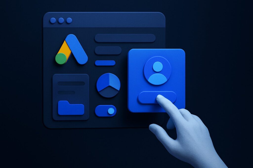 Illustration of a hand interacting with a blue user icon and various ad management icons on a dark background