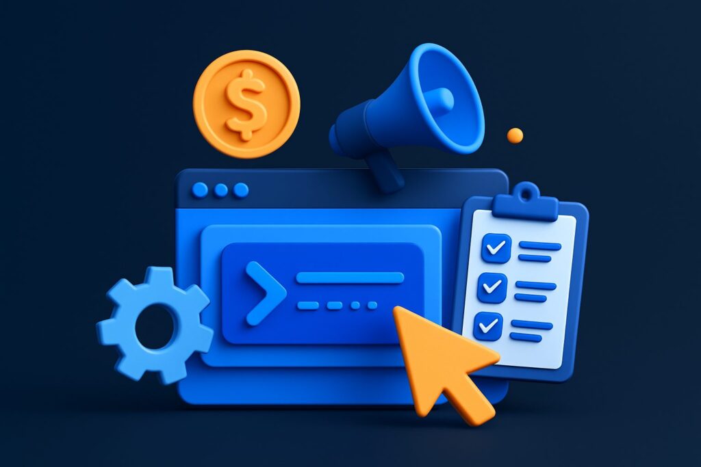 Illustration of a computer screen with a checklist, gear, dollar sign, megaphone, and cursor icon