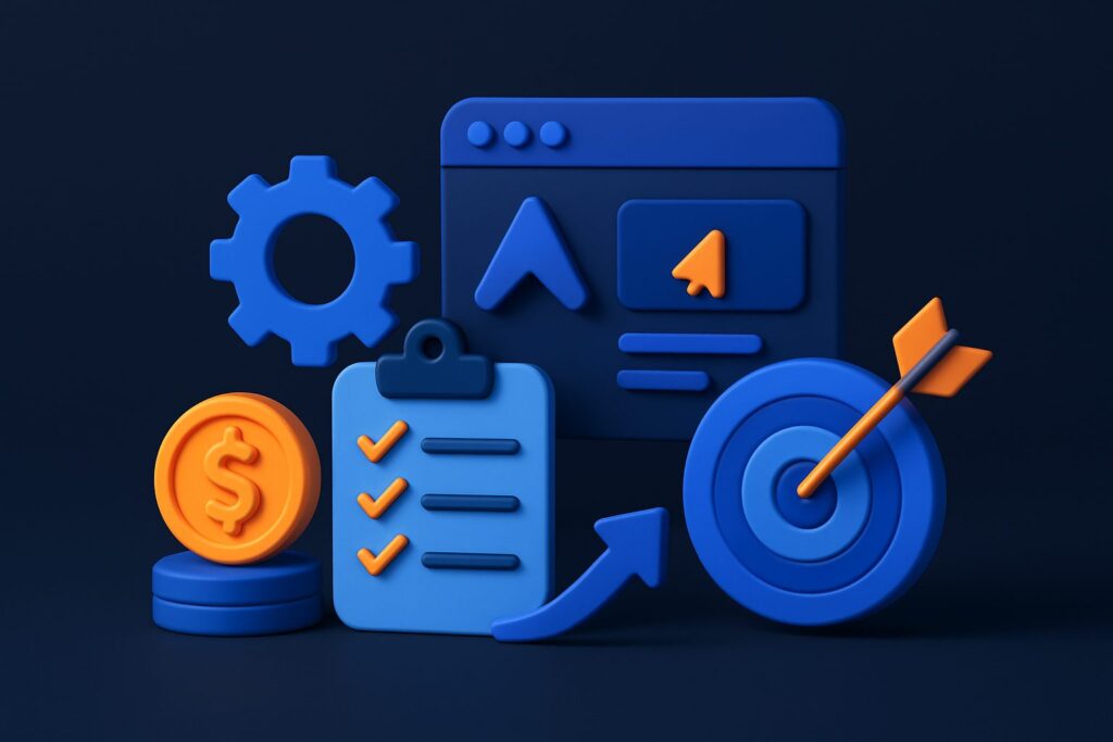 Illustration of colorful icons representing a web interface, checklist, gear, dollar coins, and a target with an arrow